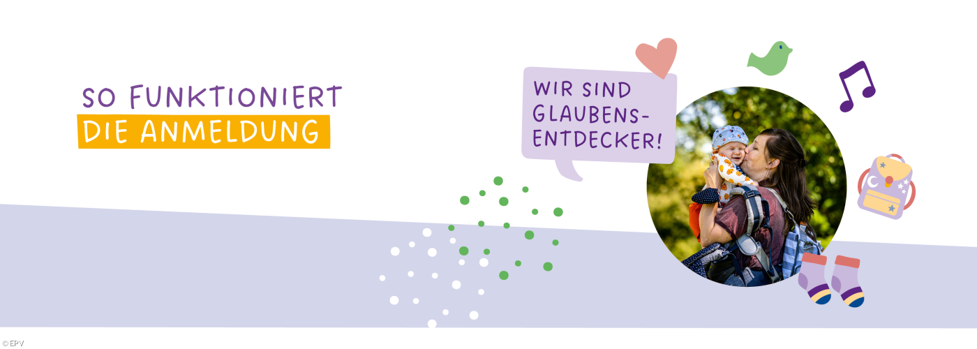 Mutter mit Kind und der Aufschrift "So funktioniert die Anmeldung"